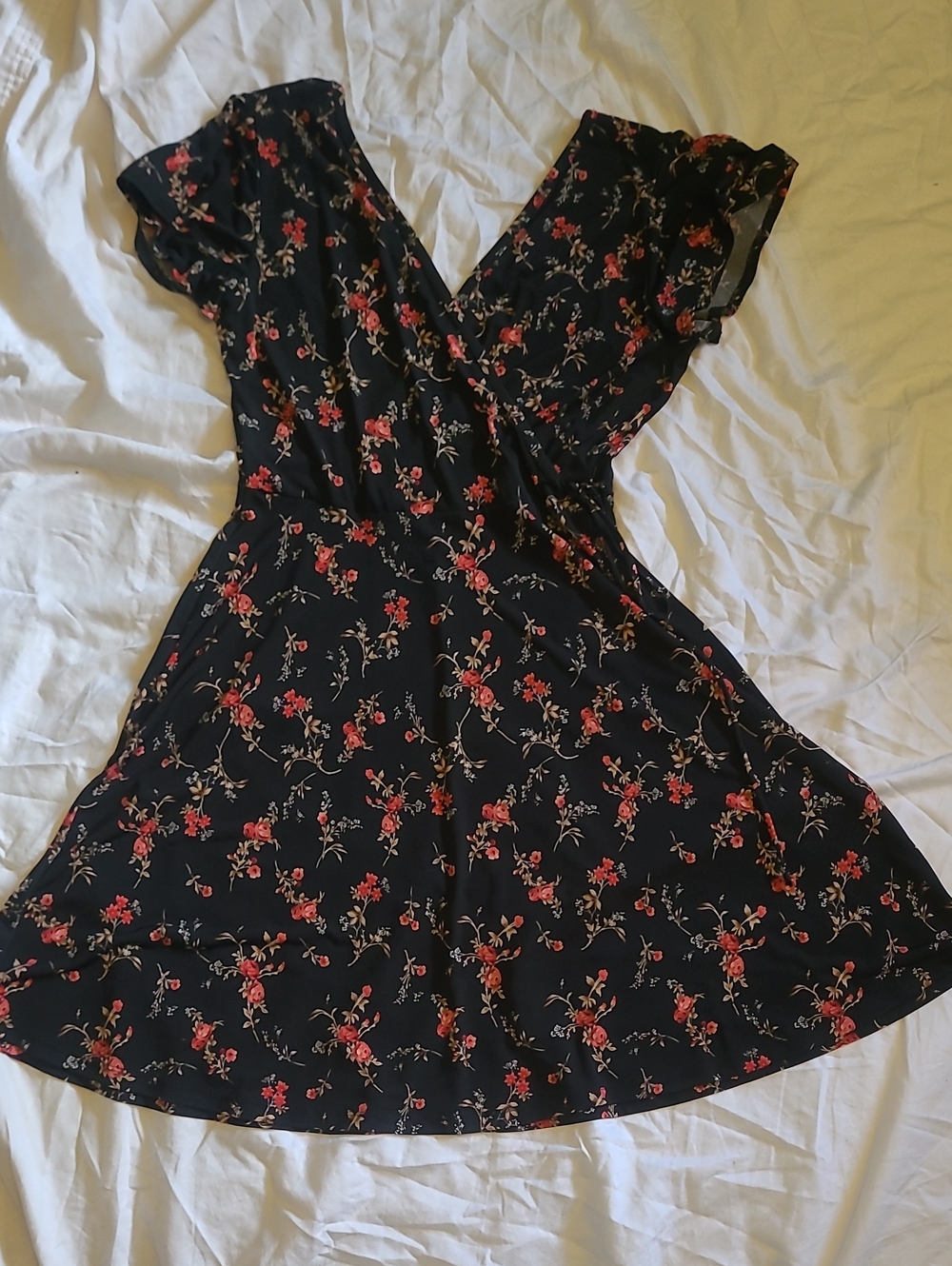 Black Floral Wrap Dress with Red Blooms